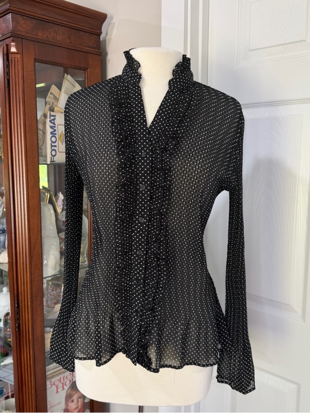 Apt. 9 Black and White Polka Dot Ruffle Button-Down Blouse